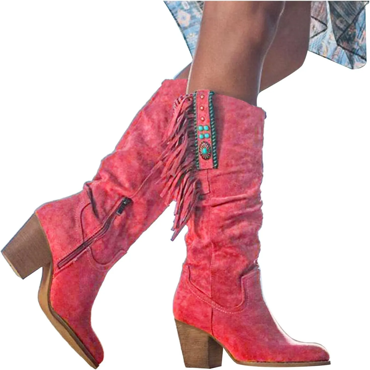 Boots for Women Low Heel Rhinestone Ankle Booties Comfy Short Boots Chunky Block Western Shoes 52