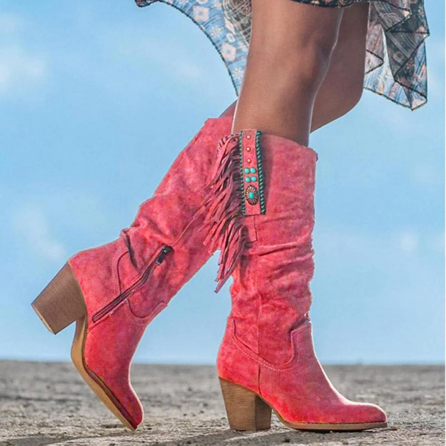 Boots for Women Low Heel Rhinestone Ankle Booties Comfy Short Boots Chunky Block Western Shoes 52