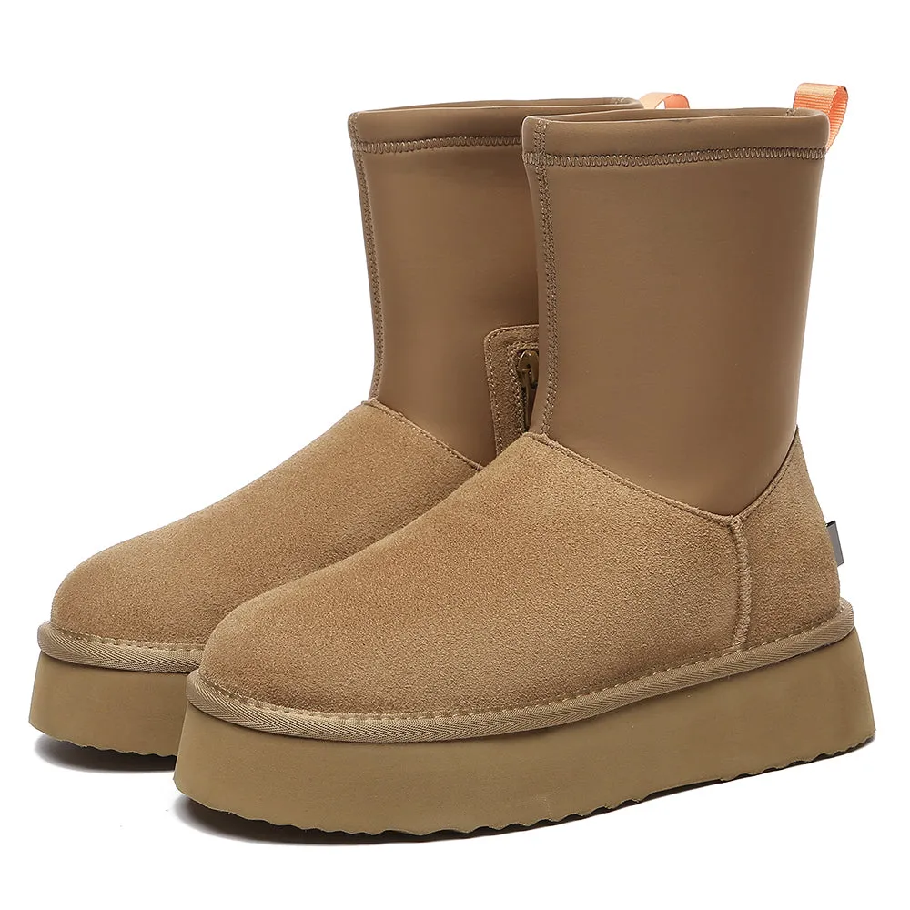 EVERAU UGG Women Sheepskin Wool Zipper Decor Stretchy Mid Calf Platform Boots Ethel #EA3154