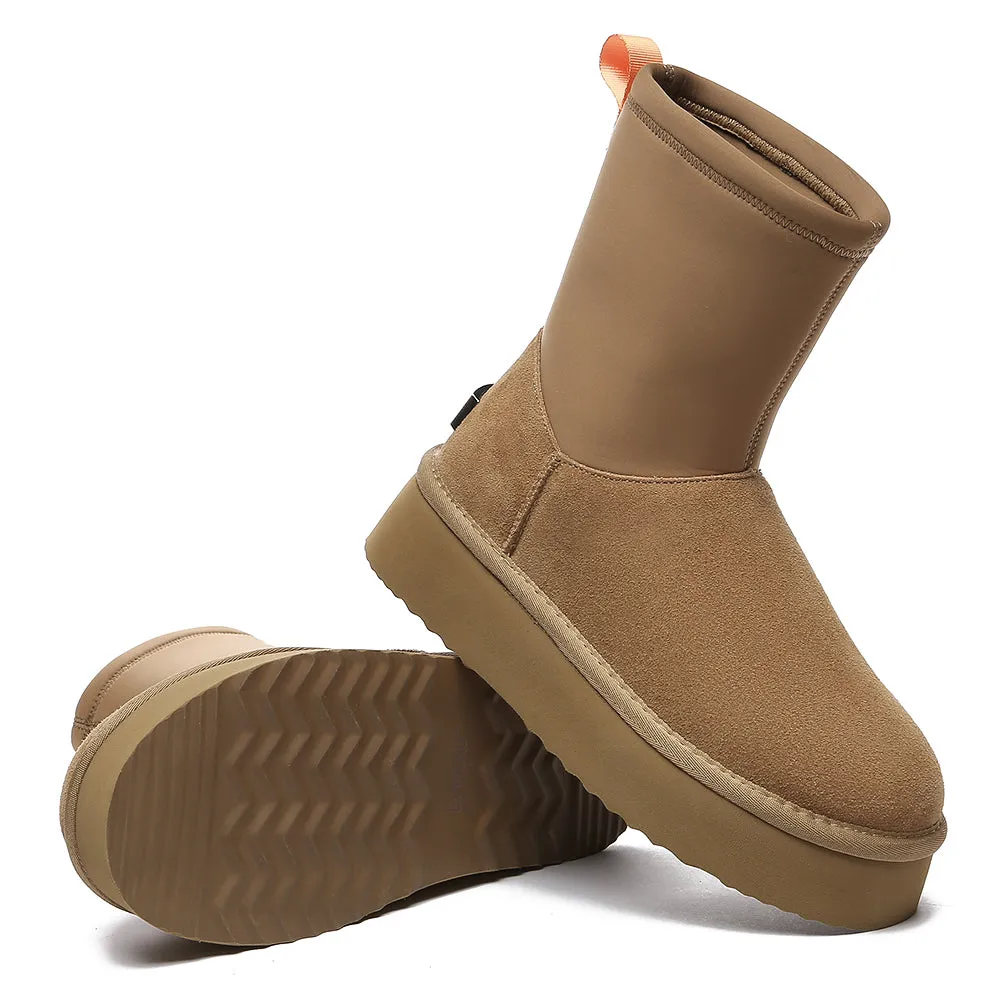 EVERAU UGG Women Sheepskin Wool Zipper Decor Stretchy Mid Calf Platform Boots Ethel #EA3154
