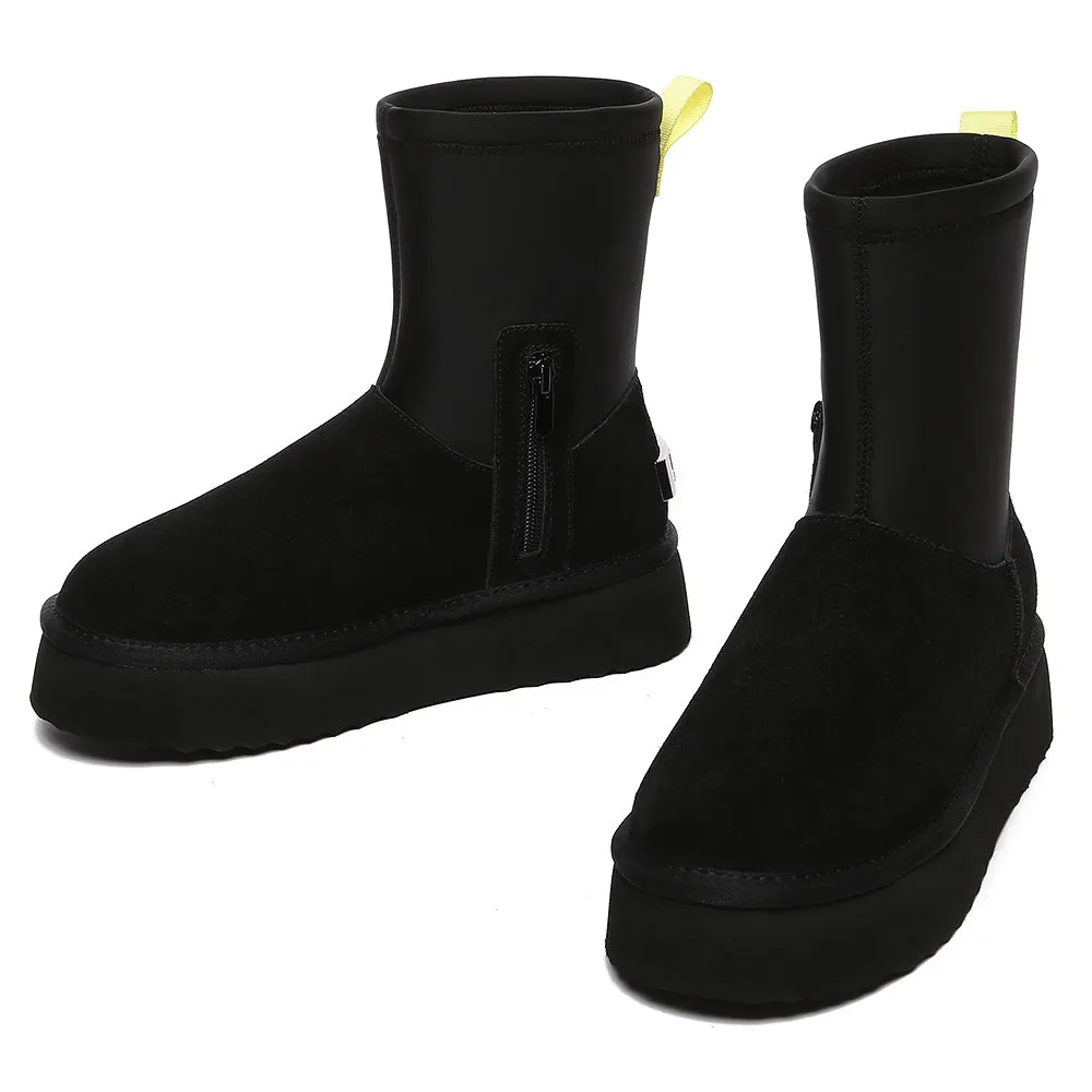 EVERAU UGG Women Sheepskin Wool Zipper Decor Stretchy Mid Calf Platform Boots Ethel #EA3154