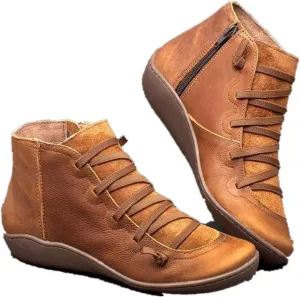 Gibobby Ankle Booties for Women Flat Heel,New Arch Support Ankle Boots Damping Shoes Lace-up Boots Side Zipper Booties