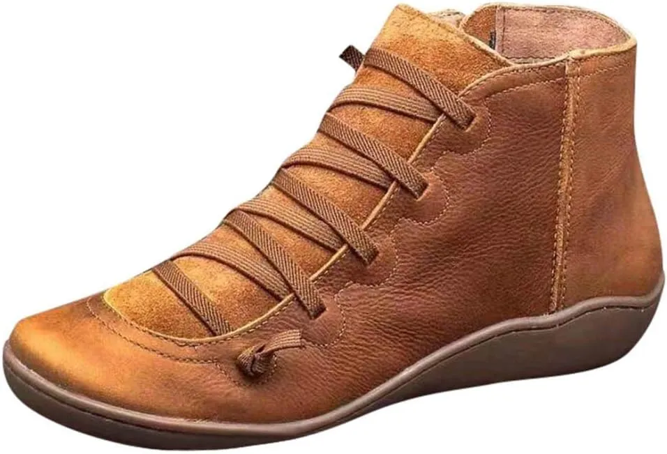 Gibobby Ankle Booties for Women Flat Heel,New Arch Support Ankle Boots Damping Shoes Lace-up Boots Side Zipper Booties