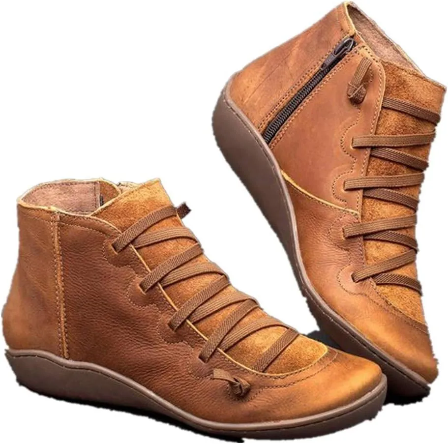 Gibobby Ankle Booties for Women Flat Heel,New Arch Support Ankle Boots Damping Shoes Lace-up Boots Side Zipper Booties