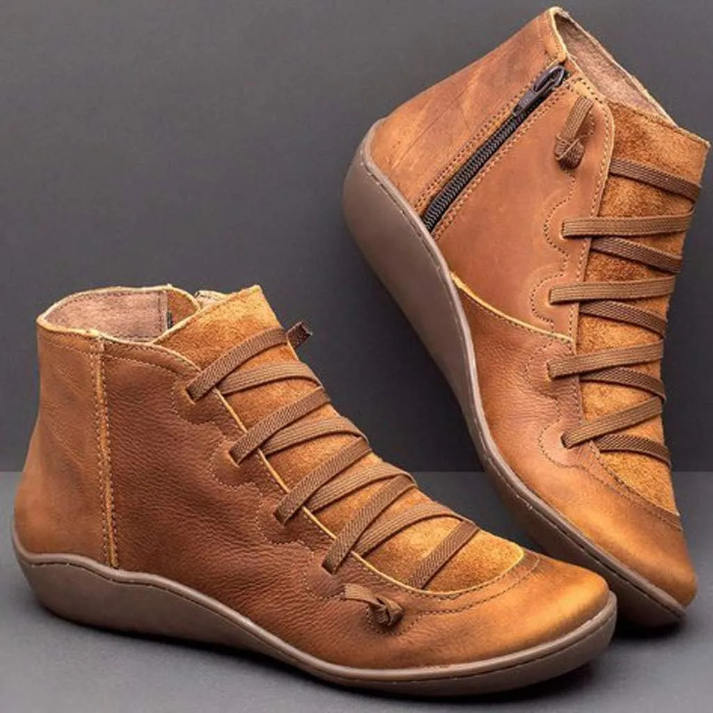 Gibobby Ankle Booties for Women Flat Heel,New Arch Support Ankle Boots Damping Shoes Lace-up Boots Side Zipper Booties