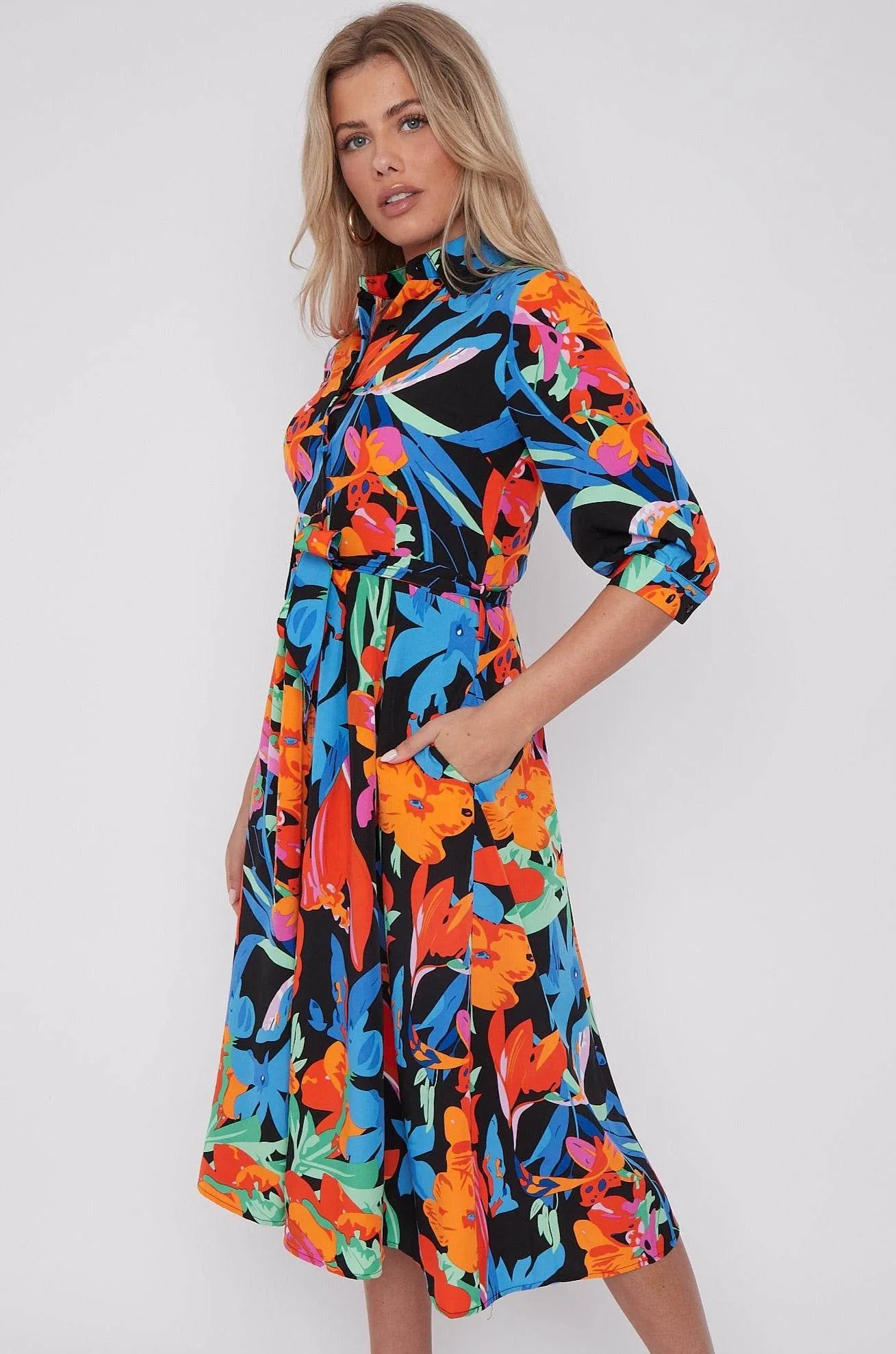 LOVE SUNSHINE Multi Floral Print Half Sleeve Midi Shirt Dress