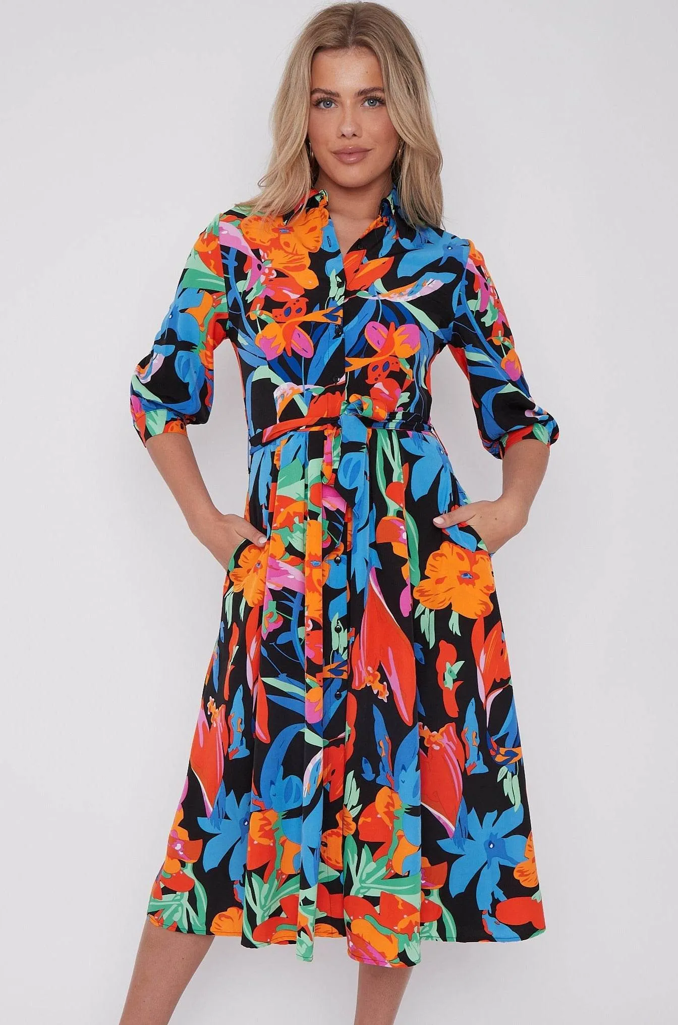 LOVE SUNSHINE Multi Floral Print Half Sleeve Midi Shirt Dress