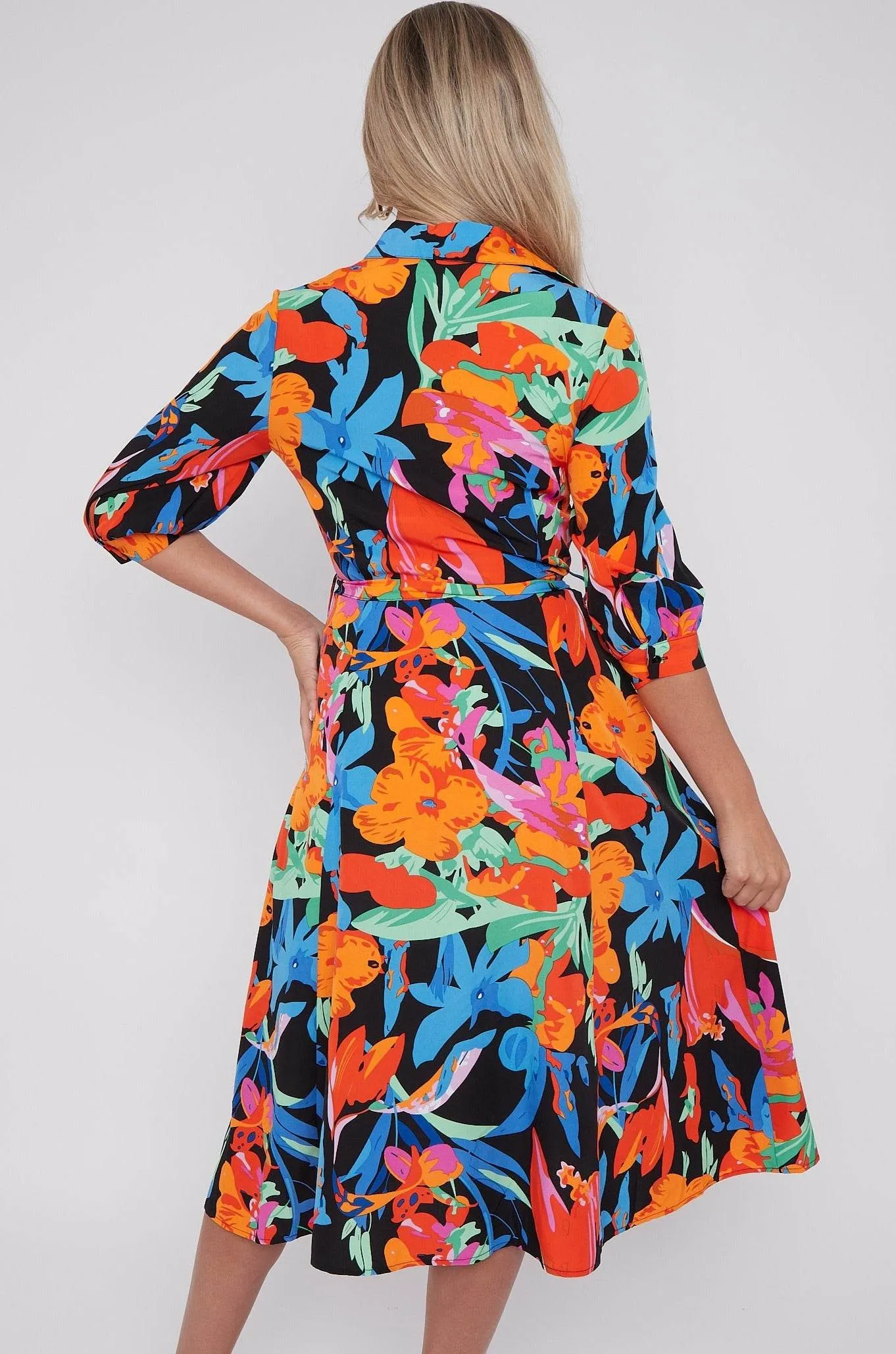 LOVE SUNSHINE Multi Floral Print Half Sleeve Midi Shirt Dress