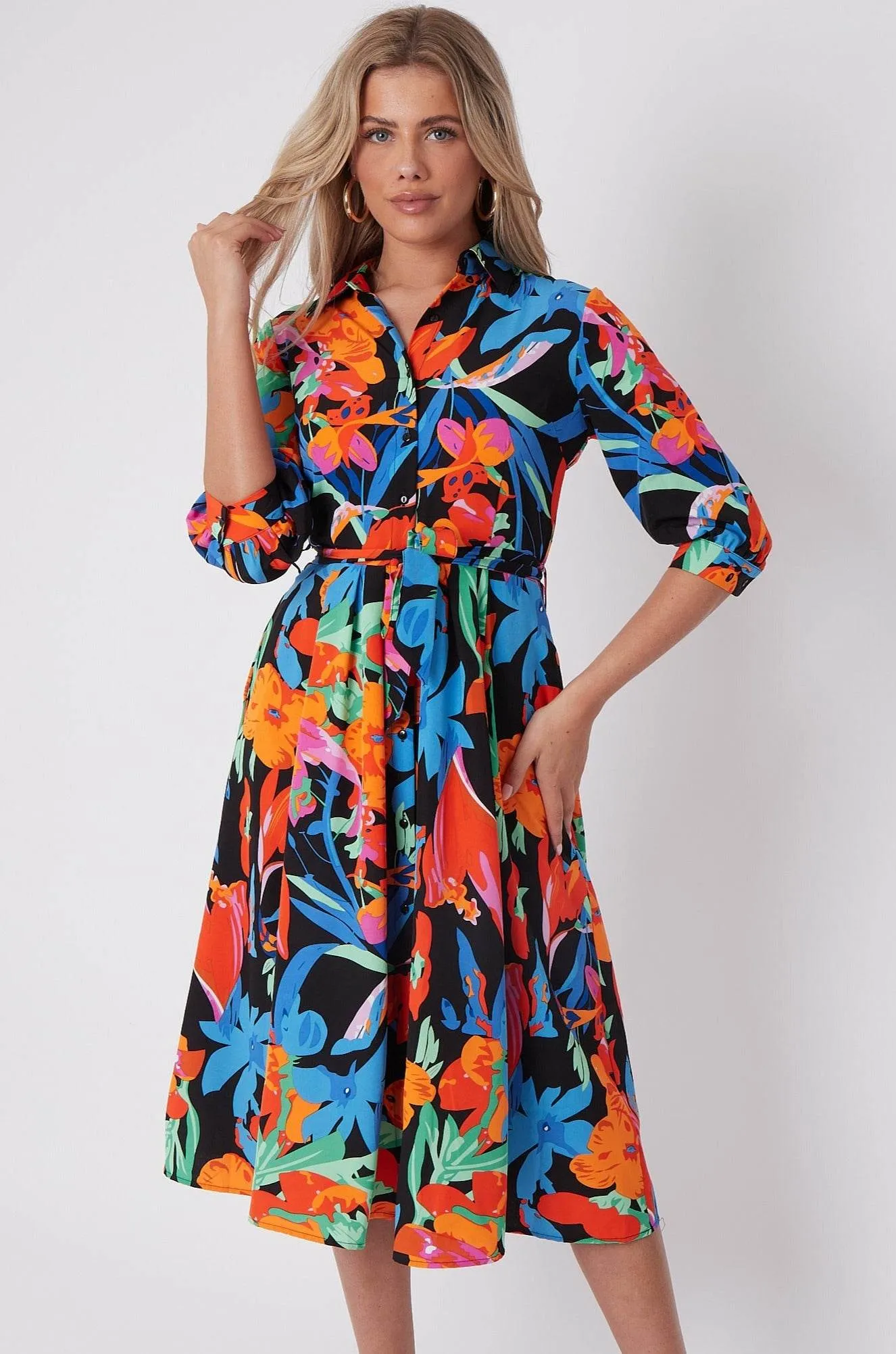LOVE SUNSHINE Multi Floral Print Half Sleeve Midi Shirt Dress