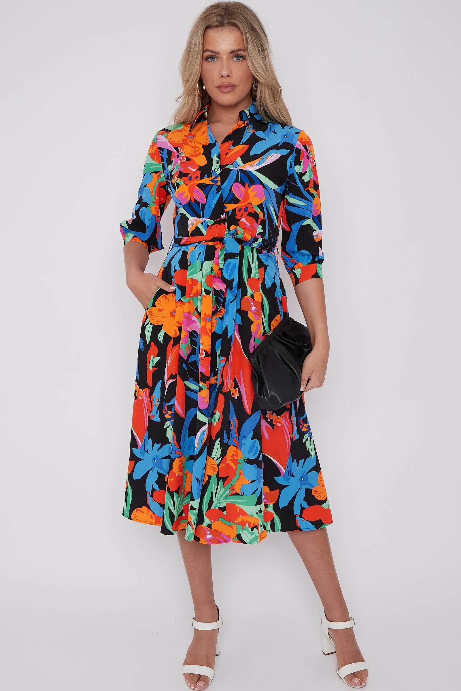 LOVE SUNSHINE Multi Floral Print Half Sleeve Midi Shirt Dress