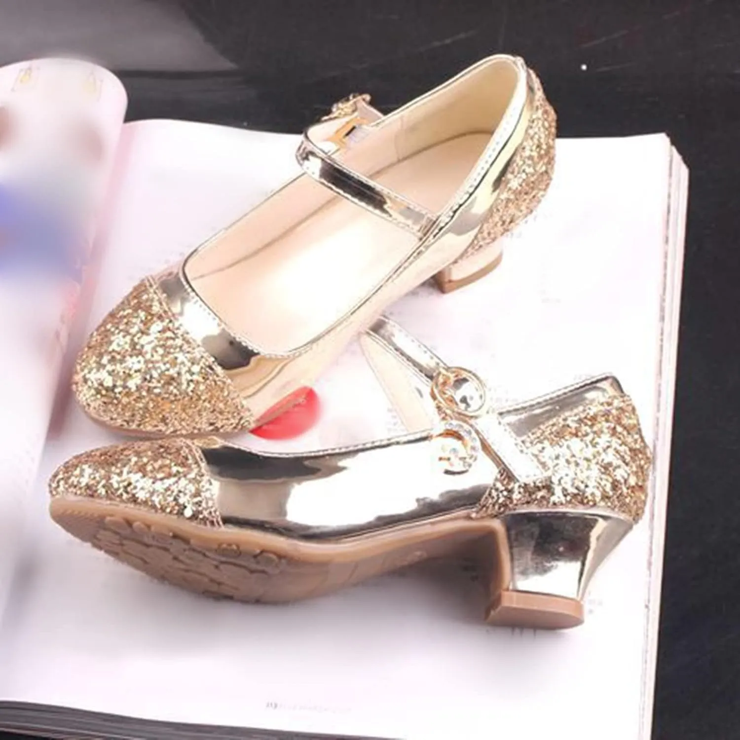 Mary Jane Shoes with Low Heel 𝗥hinestones Princess Flower Girls Wedding Flat𝘀 Dress Shoes for Little Kid/Big Kid